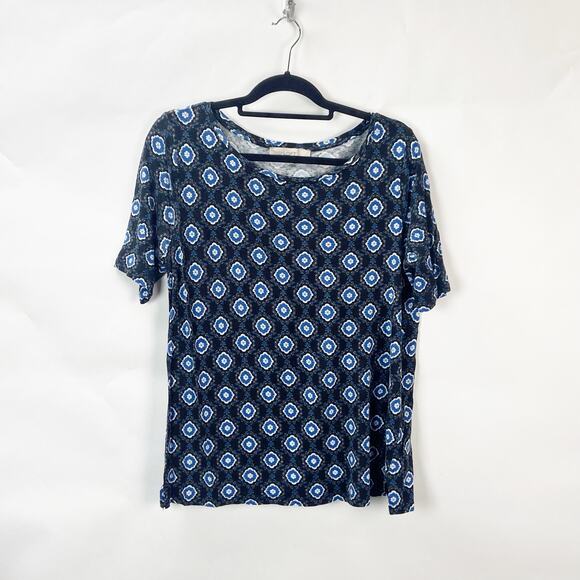 LOFT Large Womens Blue Medallion Ballet Neck Short Sleeve Top - Picture 1 of 7